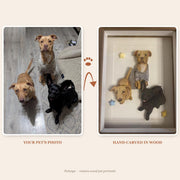Pet photo and finished hand-carved wood portrait