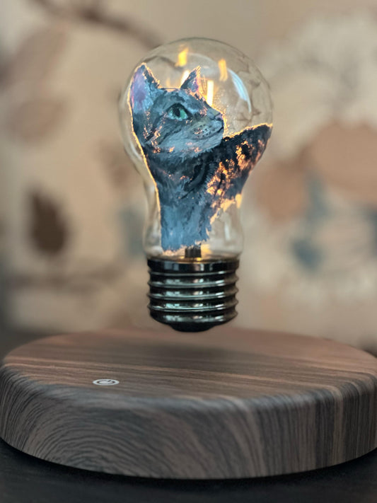 Custom floating pet portrait light bulb in action, levitating