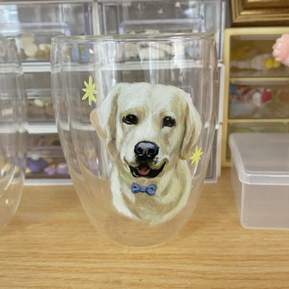 Double-layer glass insulation cup featuring a custom hand-painted portrait of a Labrador dog with a blue bowtie and star pattern background.