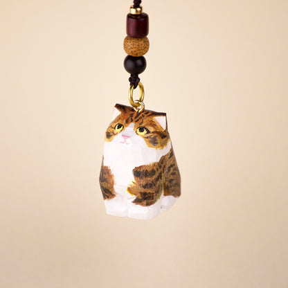 Hanging cat pendant with a hand-painted portrait, adorned with wooden beads, perfect as a personalized pet keychain.