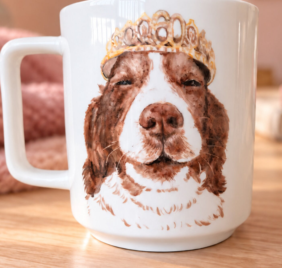 Hand-painted mug of a spaniel wearing a birthday crown