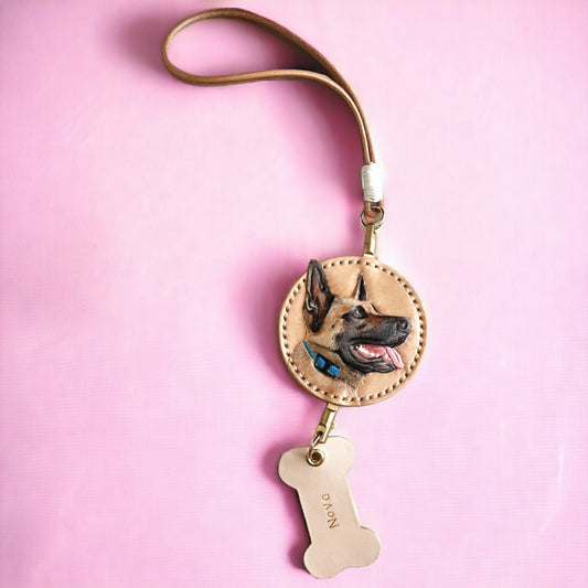 Custom 3D leather car mirror charm featuring a dog in a pink background