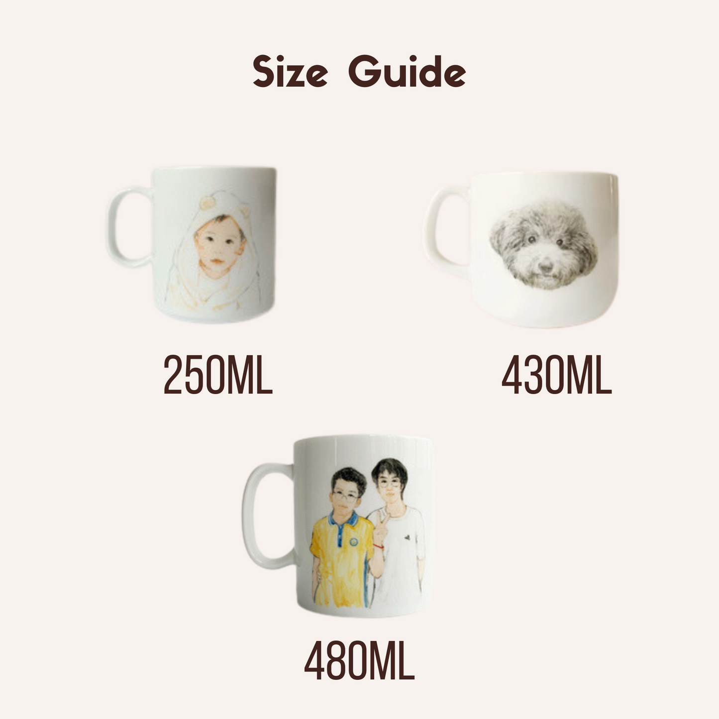 Size guide for personalized hand-painted ceramic mugs showing three different sizes: 250ML, 430ML, and 480ML, each featuring a custom portrait design.