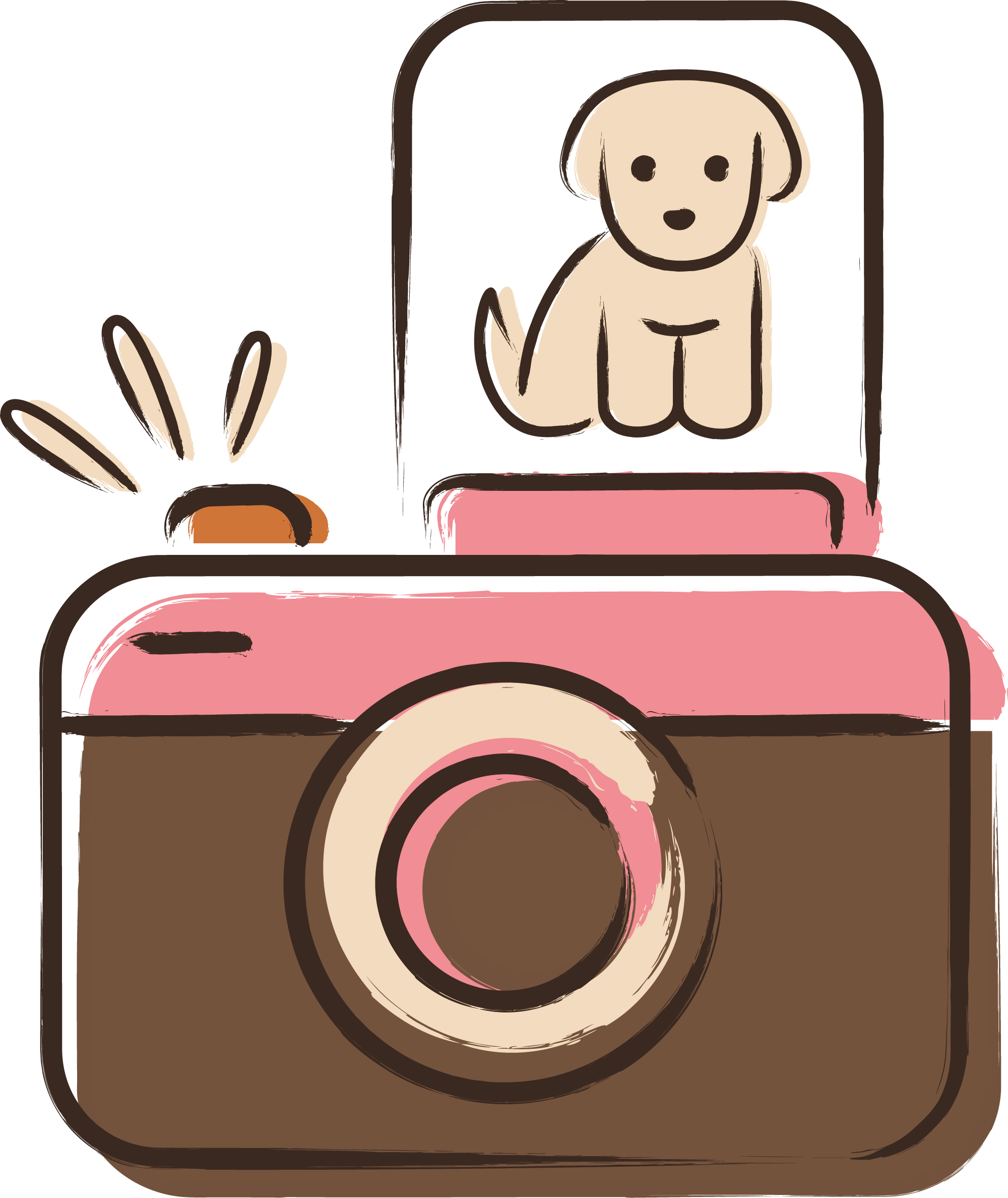 Illustration of a camera with a dog figure on the display, inviting pet owners to strike a pose and upload photos of their dogs, cats, chameleons, or any pets for custom portraits at Petnoya.