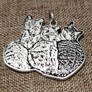 Sterling silver custom pet portrait engraving pendant featuring multiple cats, detailed and beautifully handcrafted.