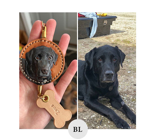 Customer testimonial featuring a high-quality custom portrait keychain of a black Labrador, praised for its superb craftsmanship. The keychain is displayed in the hands of a satisfied customer with their serene and aged Labrador in the background, highlighting the emotional connection between pet owners and their cherished pets.