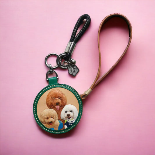 Custom pet keychain with 3D pop carving featuring three dogs