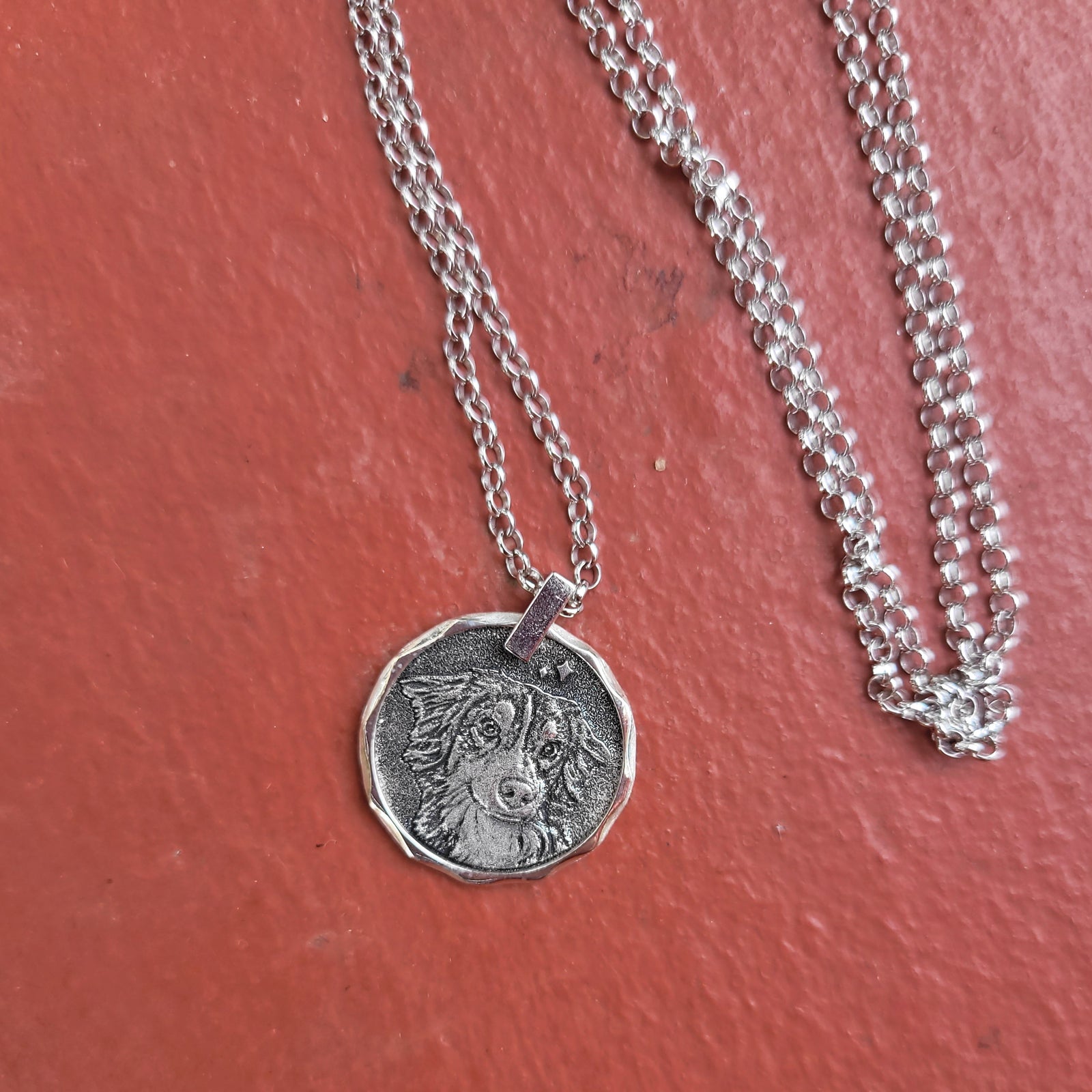 Handcrafted sterling silver coin necklace with pet portrait displayed on a red background