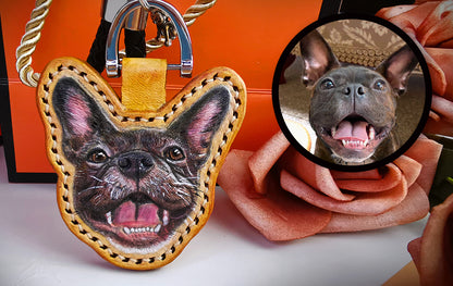 Custom pet keychain with brown leather and 3D pop carving
