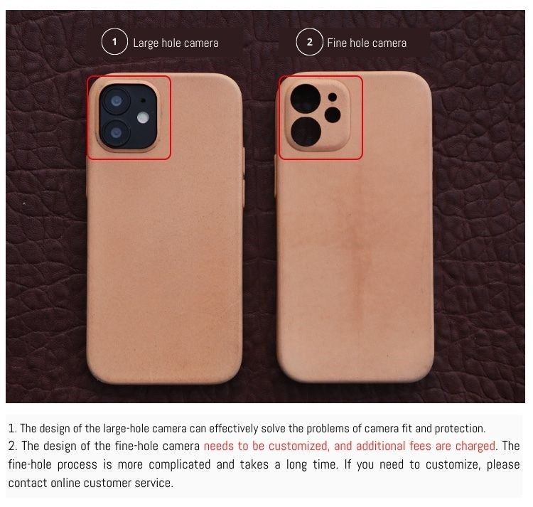 Customizable vegan-tanned leather phone case featuring different cuts for camera holes.