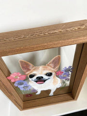 Hand-painted glass portrait of a white fluffy dog in a wooden frame, perfect for pet memorial gifts.