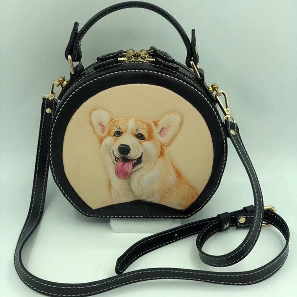 Custom Painted Belt Bag Sling Bag Leather Hand Painted Portrait of YOUR Pet  on this SAK Hand Tooled Recycled Bottle Lining