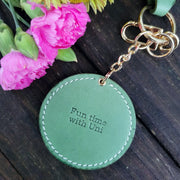 Personalized pet portrait keychain with message engraving at the back