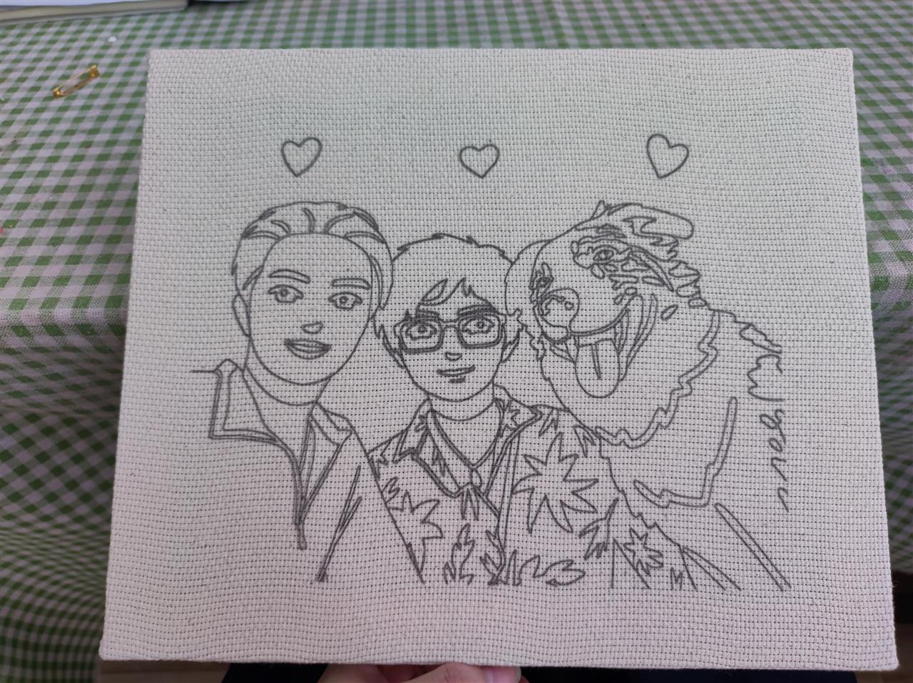 Outline sketch of a custom needle punch embroidery portrait with a family and their pet dog.