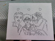 Outline sketch of a custom needle punch embroidery portrait with a family and their pet dog.