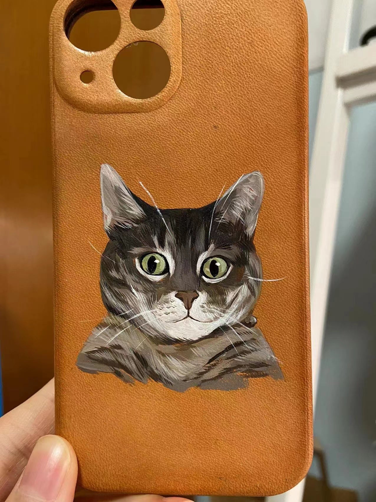 Personalized hand-painted full detailed pet portrait of a cat on vegan leather phone case